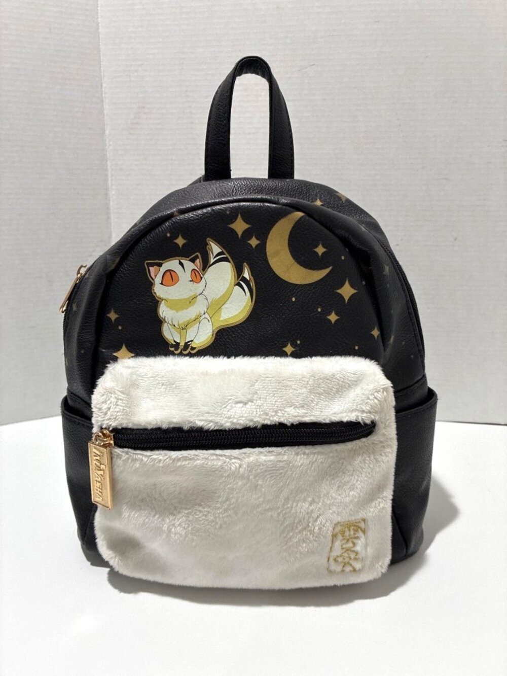 Inuyasha Kirara mini backpack faux-fur white front pocket and a gold-toned charm